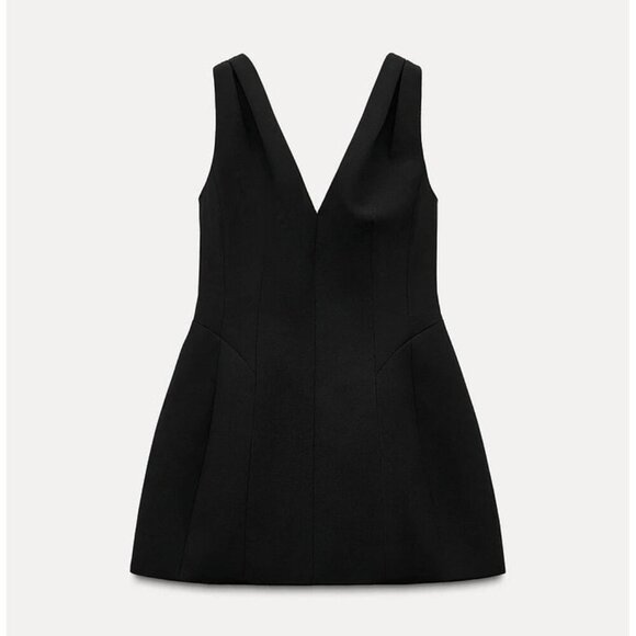 Zara Womens Black V-Neck Sleeveless Mini Dress M Elegant Design Voluminous READ - Picture 1 of 11